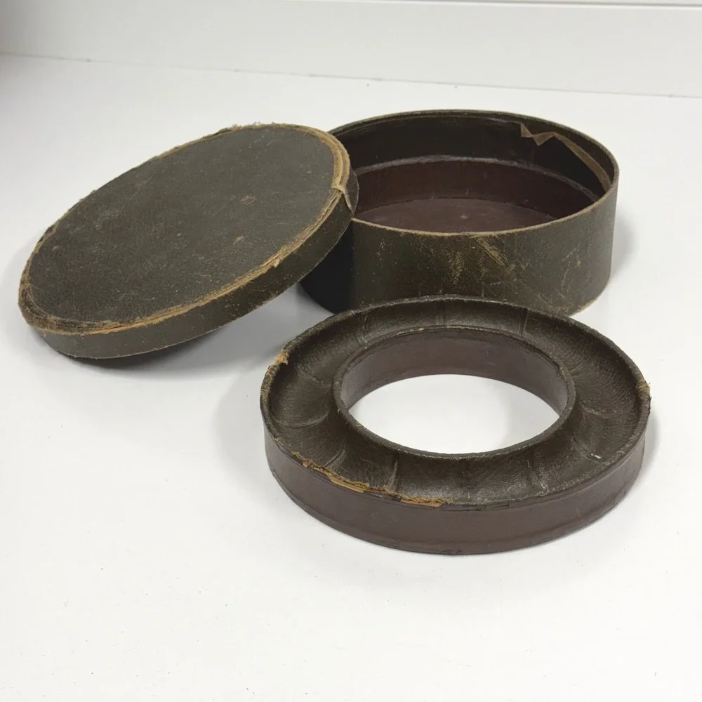 Vintage Round Cardboard Collar Hat Box faux leather Dk Brown Millinery Mold